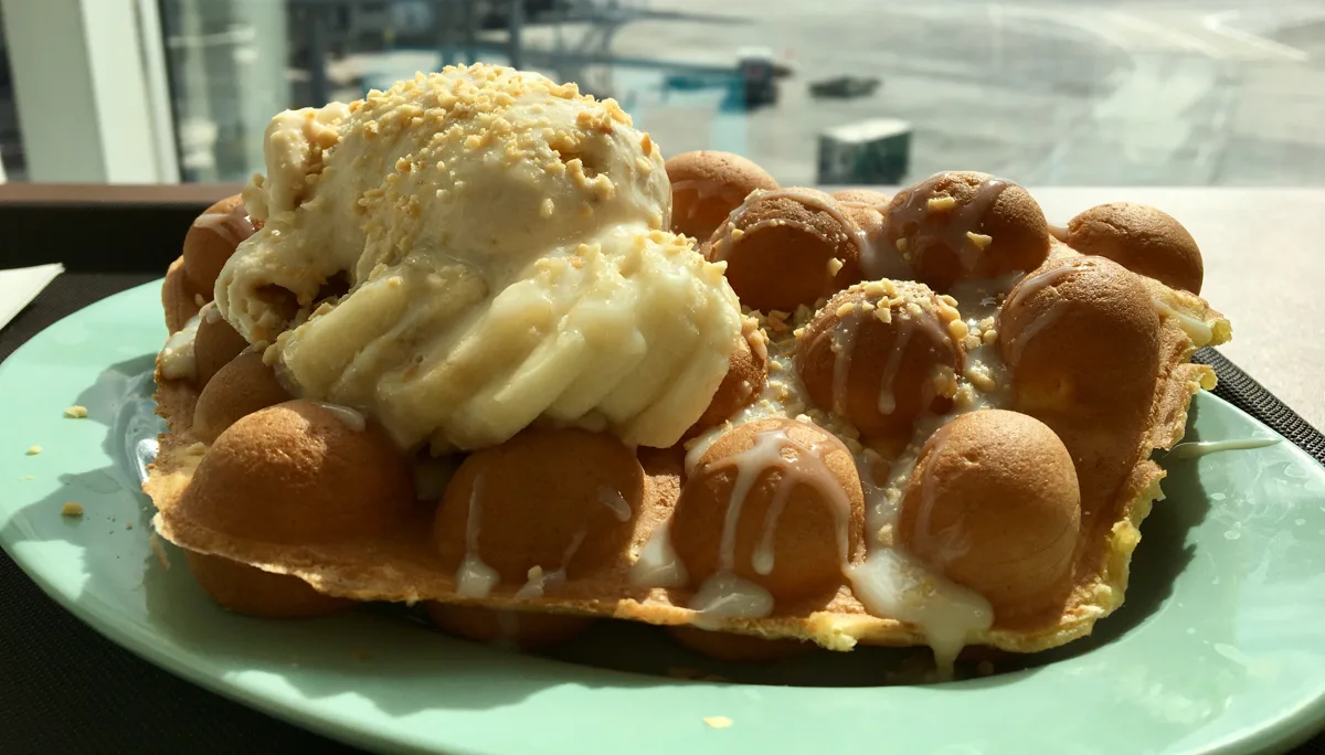 Bubble waffle with ice cream and toppings